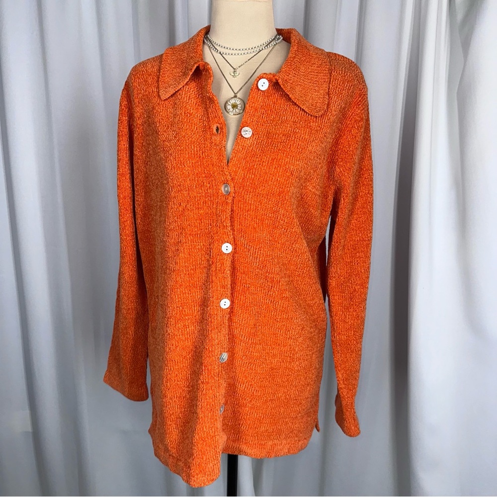 Denim & Co Chenille Knit Button Down Collared Cardigan Sz M Orange Bold Office‎